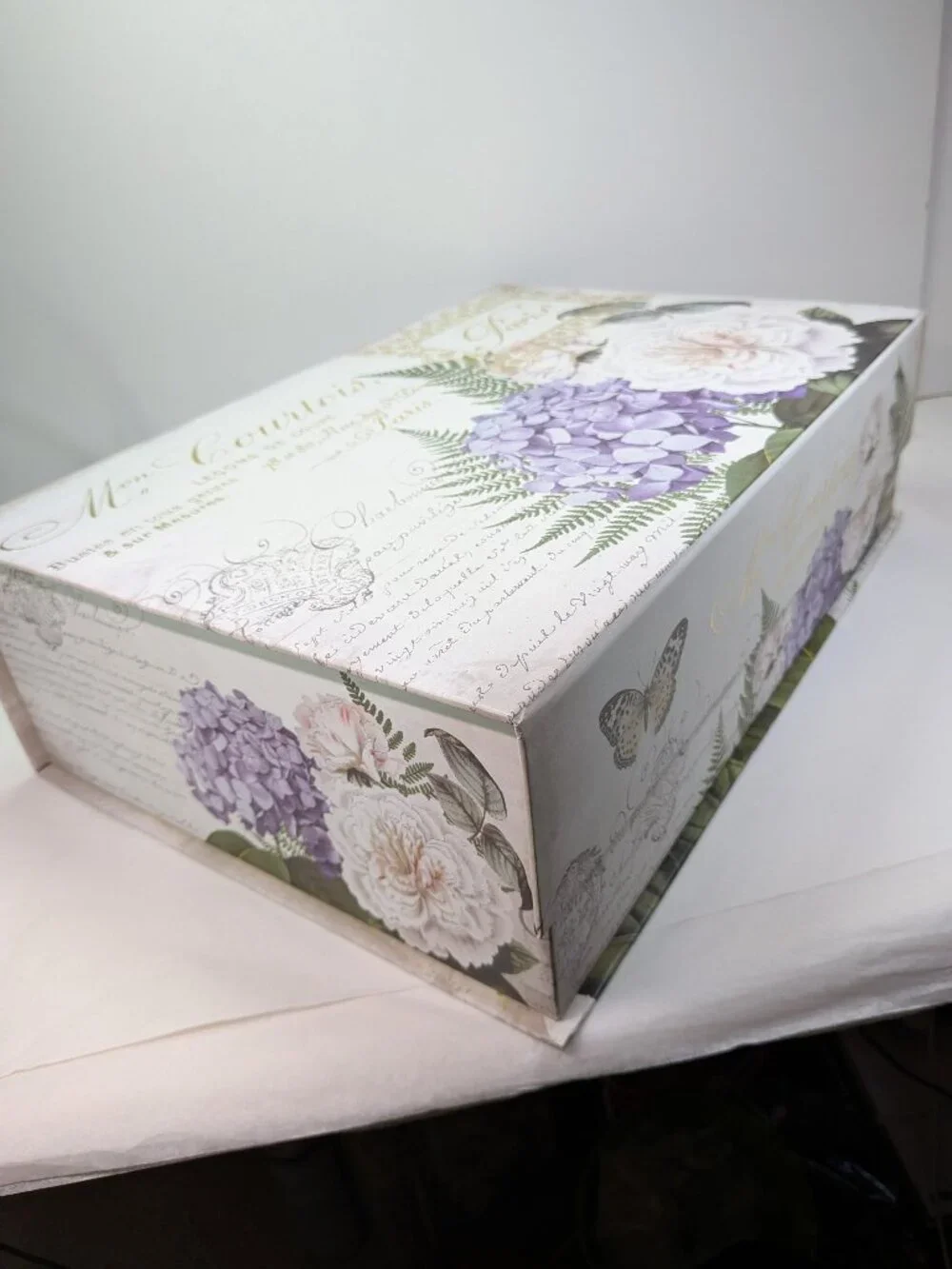 Paris Dressmaker Storage Box Large Hydrangea Peony Gold Metallic Floral Art